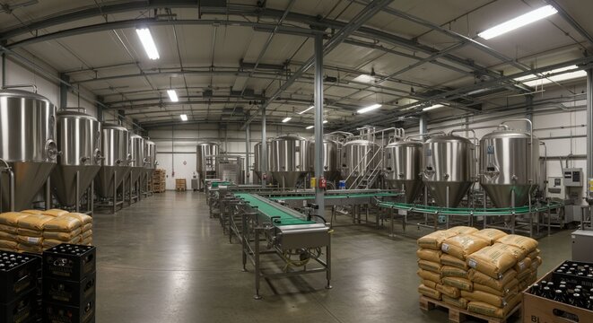 Interior view of a brewery with stainless steel fermentation tanks and conveyor belts