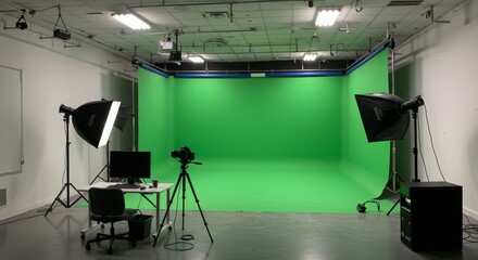 Brightly lit chroma key studio with camera, computer, and editing setup
