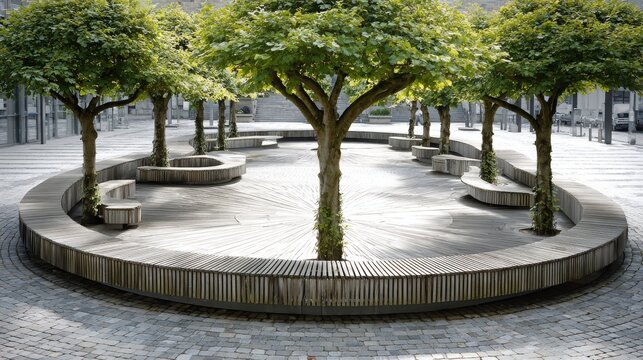Circular wooden benches and symmetrical green trees in a paved urban plaza, clean modern landscaping design ideal for public spaces, architecture, and contemporary outdoor lifestyle visuals - Powered by Adobe
