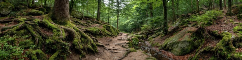Fototapeta premium Lush forest path winding through mossy rocks and roots