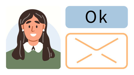 Portrait of smiling woman beside a message envelope and Ok confirmation. Ideal for communication, email services, feedback, customer support, messaging apps, business interaction, simple flat