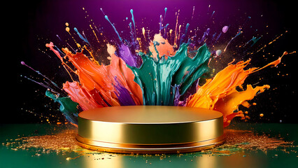 Golden stage with bright liquid splashes and sparkling particles podium platform