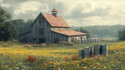 Rustic Wooden Barn Amidst Wildflowers