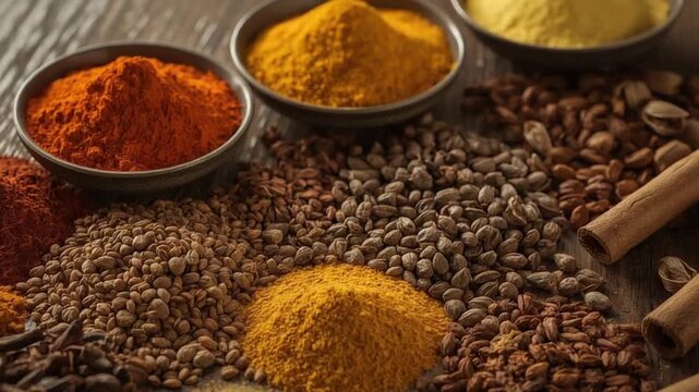Assorted Indian Spices and Coffee Beans on Rustic Table