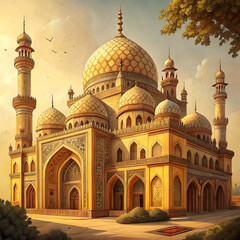 Obraz premium Grand Mosque: A mesmerizing perspective of a majestic mosque, with its intricate details, vibrant hues, and breathtaking design, standing against the backdrop of a clear sky.