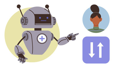 Robot extends hand toward woman s profile and data arrows, symbolizing AI interaction, automation, and communication. Ideal for technology, AI, robotics, networking, innovation data sharing