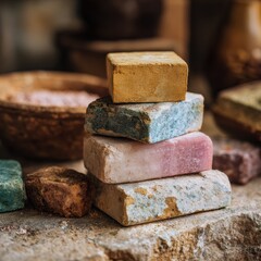 Stack of Colorful Natural Stones on a Rustic Background with Vintage Clay Pots and Textures Showcasing Earthy Tones and Artisanal Vibes in a Cozy Setting