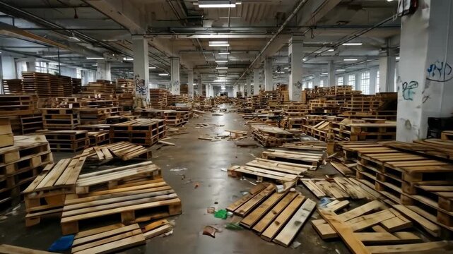 Abandoned warehouse filled with wooden pallets and debris. Industrial decay.