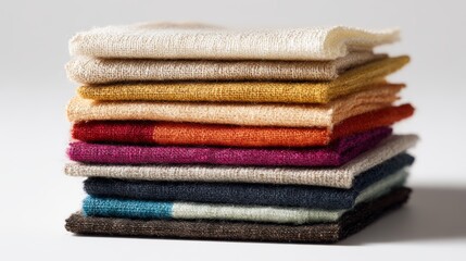  Folded stack of colorful fabrics in warm and cool tones, displaying varied textures ideal for fashion design, upholstery projects, sewing crafts, and textile-themed creative compositions