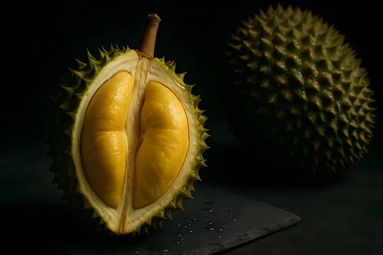 Premium Musang King durian with golden creamy flesh and rich aroma, exotic tropical fruit perfect for culinary, gourmet, and Asian food themes.
