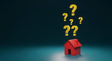 Real estate question marks hovering over miniature house 3d illustration