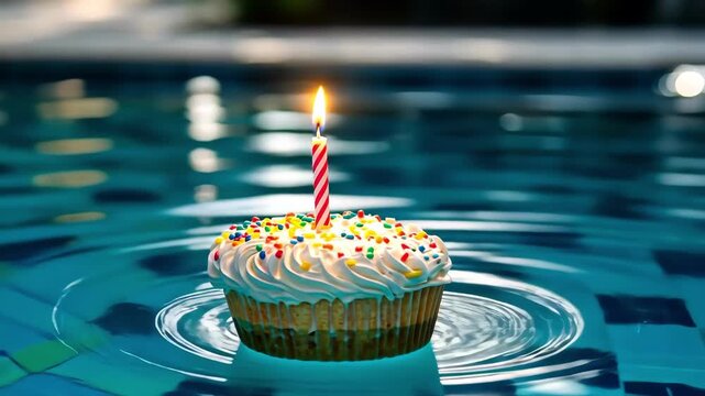 Festive cupcake with candle floats in a shimmering blue swimming pool.