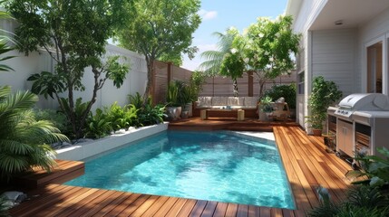 Sunny backyard with a pool, wooden deck, and greenery, creating a tranquil oasis