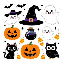 Set of adorable kawaii Halloween illustrations featuring a friendly ghost, jack-o'-lantern, black cat, and witch hat for festive designs.
