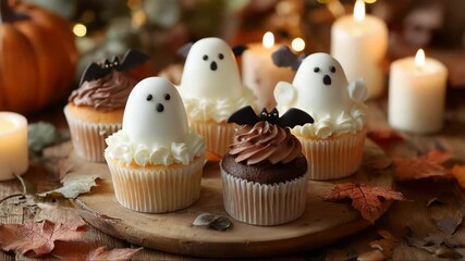 Halloween cupcakes decorated as ghosts and bats on wooden platter  