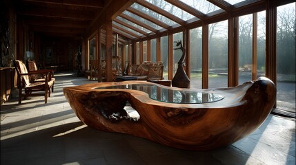 Obraz premium A large, sculpted wooden coffee table with a glass top.