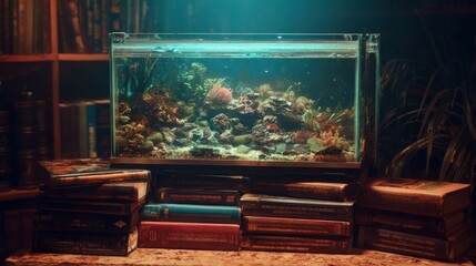 Aquarium sits atop stacked books in a warm, dark, book-filled study environment