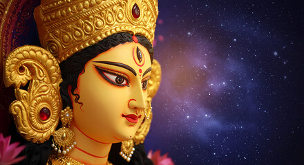 Close-up of a Majestic Durga Statue, Golden Deities, Diwali Celebration