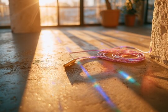 Sunlight Streams Through Windows onto a Colorful Jump Rope on a Rustic Concrete Floor Creating a Warm and Inviting Atmosphere in an Urban Space