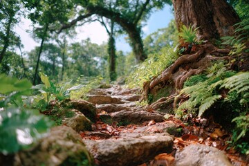 Scenic Stone Path Leading Through Lush Green Forest with Vibrant Vegetation and Sunlight Filtering Through Trees for Nature Exploration and Hiking