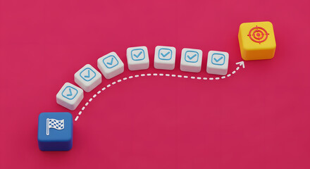 Reaching target goal - business project plan with check mark steps