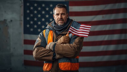 Man in workwear holding american flag with folded arms in front of a larger american flag