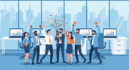 Successful business team celebrating achievement with confetti in modern office setting, vector illustration 