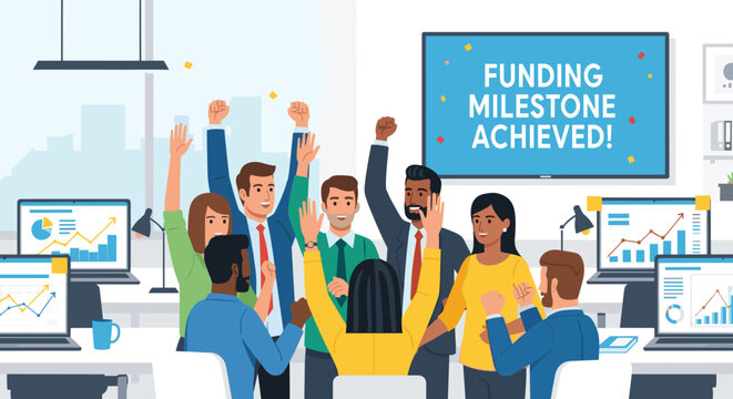 Team celebrates funding milestone achievement in modern office environment with computers and a motivation 