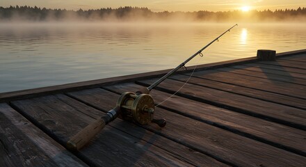 Serene morning fishing scene with a classic rod and reel on a wooden dock at sunrise
