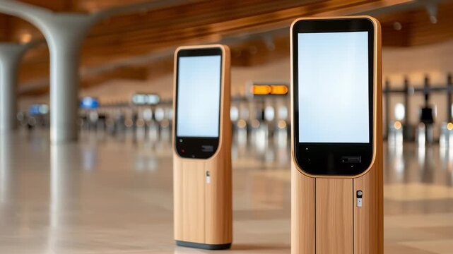 airport travel moments. Traveler at airport kiosk with digital displays in background.	
