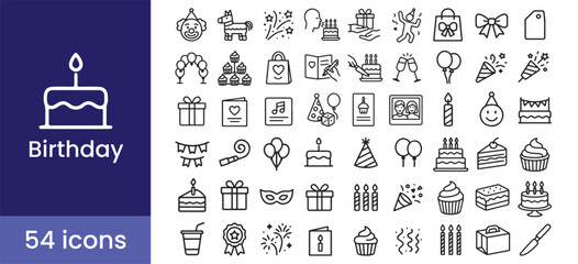 Happy birthday party celebration icon set with cake, gift, balloon, and card symbols for a fun event

