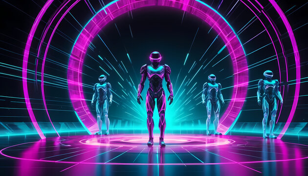 Abstract glowing female portrait with flowing neon hair
