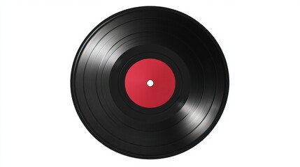 Fototapeta premium A classic black vinyl record with a vibrant red label, showcasing its grooves and central hole.