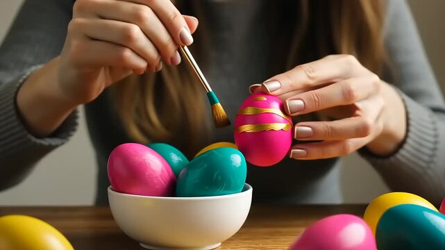 Woman Painting Colorful Easter Eggs at Home Table