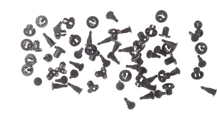 Fastener plastic clip fly explosion, black automobile fastener clip float explode, abstract cloud fly. automobile plastic fastener clip splash throwing in Air. White background Isolated