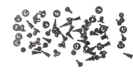 Fastener plastic clip fly explosion, black automobile fastener clip float explode, abstract cloud fly. automobile plastic fastener clip splash throwing in Air. White background Isolated