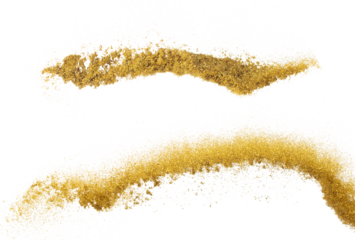 Gold metallic glitter sparkle explosion in air. Golden Glitter sand spark blink celebrate Chinese new year, fly throw gold glitters particle. White background isolated, selective focus Blur bokeh