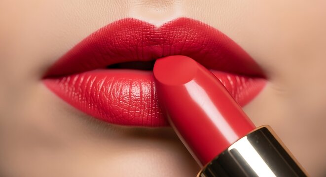 Flawless Application of Vibrant Red Lipstick on Perfectly Textured Lips.