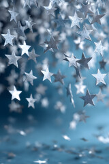 Fototapeta premium Falling silver stars on blue background, festive celebration and dreamy holiday atmosphere