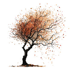 Artistic Ink and Watercolor Illustration of Autumn Tree on Transparent Background