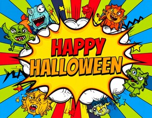 Happy Halloween Comic Poster with Spooky Creatures Happy Halloween