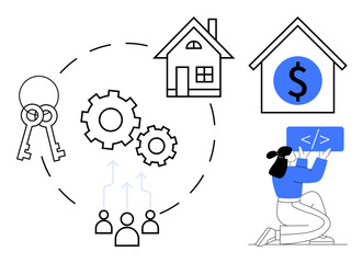 Keys, house icons with a dollar sign, gears, team figures, and a person coding. Ideal for teamwork, collaboration, real estate, property development technology investment simple landing page