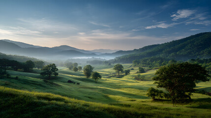 Obraz premium A serene landscape of rolling green fields under a bright blue sky at sunrise, surrounded by trees. This picturesque view embodies tranquility and the beauty of nature.