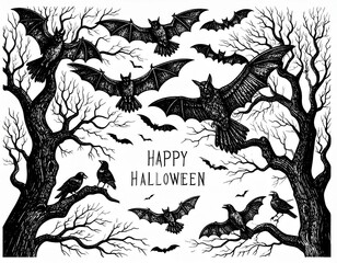Obraz premium Spooky Halloween Illustration with Bats and Trees Happy Halloween