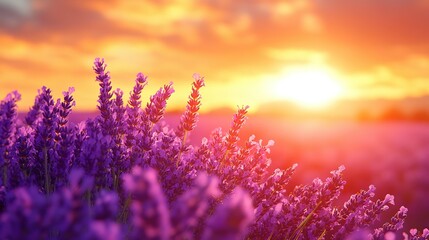 Lavender field in bloom during sunset with warm light and colorful sky.
