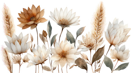 Boho Floral Watercolor Set with Neutral-Toned Flowers and Leaves on Transparent Background