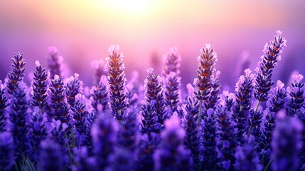 Naklejka premium Field of purple flowers in bloom with a soft light background.