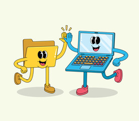 Happy Cartoon Laptop and Folder Characters High-Fiving While Running Together
