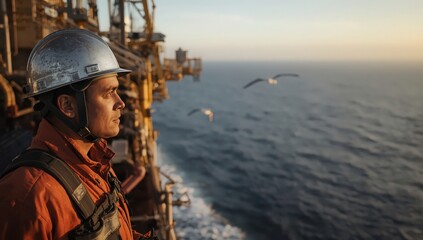 Man in hard hat on offshore platform looking out at sea with birds flying in the distance at sunset