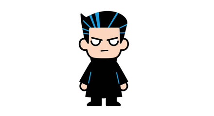 Obraz premium Minimalist cartoon character with sharp hairstyle, black outfit, and blue highlights. Perfect for game avatars, stickers, comics, and creative character design projects
